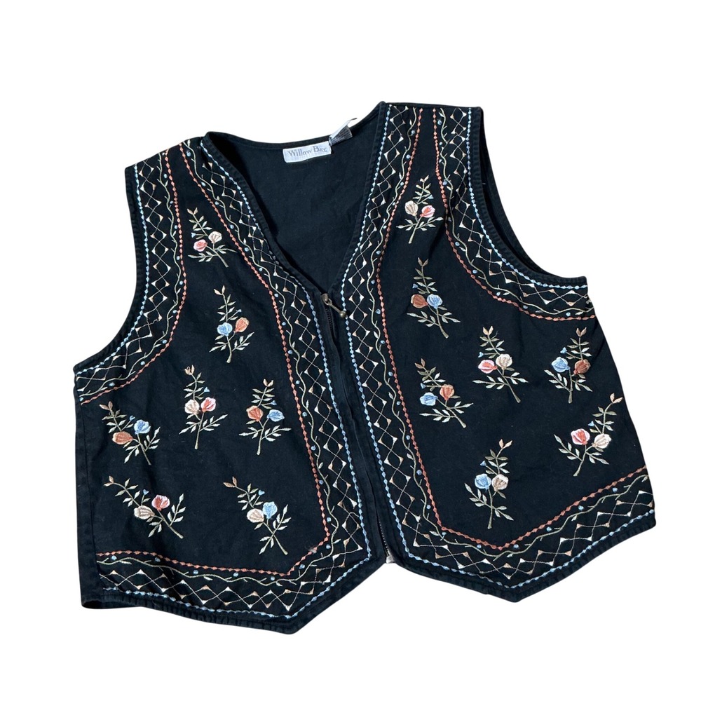 Willow Bay Floral Embroidered Zip Vest Women Medium Black Boho Cottagecore Folk